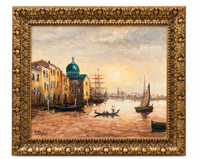 une peinture de bateaux dans un port avec des bâtiments à l'arrière-plan
