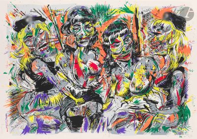 a painting of a group of people sitting on top of a table