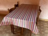 a table with a striped tablecloth on it in a room