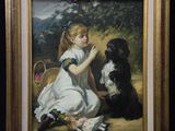 tableau représentant une jeune fille avec un chien et un panier de fleurs