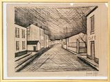 pencil drawing of a street scene with buildings and a street light