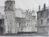 un dessin représentant un château au milieu d'une rue
