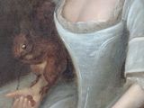 a painting of a woman in a white dress holding a squirrel