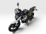 the motorcycle is parked on the white surface with a white background