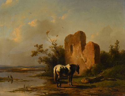 un tableau représentant un cheval au bord d'une rivière