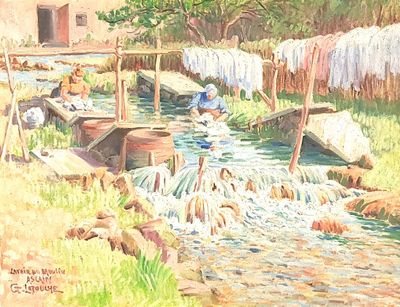 a painting of a man washing clothes on a clothes line