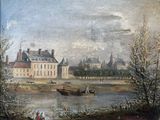 a painting of a boat on the water in front of a building