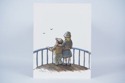 a painting of two people standing on a deck