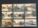 several old black and white photos of a street and buildings
