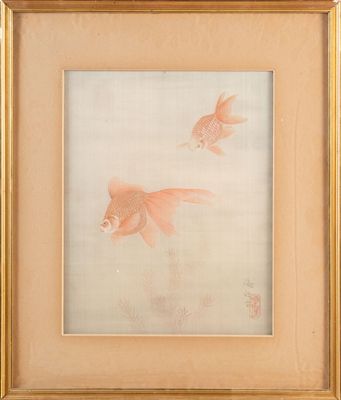 painting of two goldfishs in a gold frame on a white background