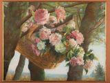 a painting of a basket of flowers hanging from a tree