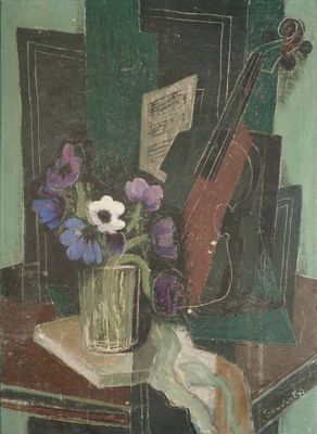 une peinture représentant un vase de fleurs sur une table