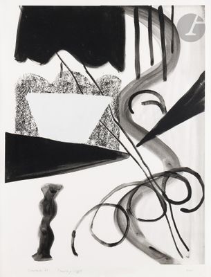 an image of a black and white drawing of a person standing next to a table