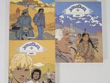 trois livres posés sur une surface blanche, avec une image représentant un homme et une femme