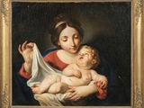 une peinture représentant une femme tenant un bébé dans ses bras