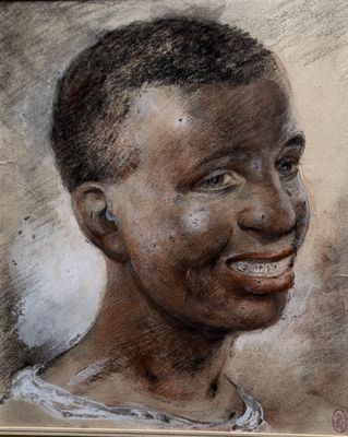 tableau représentant un jeune garçon souriant devant un fond marron