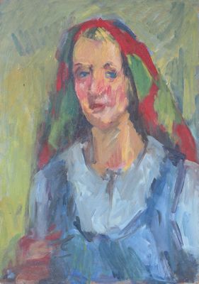 une peinture à l'huile représentant une femme vêtue d'une robe bleue et d'un bandeau rouge