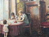 a painting of a family sitting at a table together