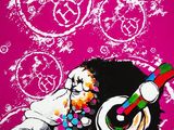painting of a monkey with headphones and a guitar in front of a pink background