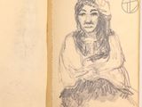 an old sketch of a woman sitting in a chair with a hat on her head
