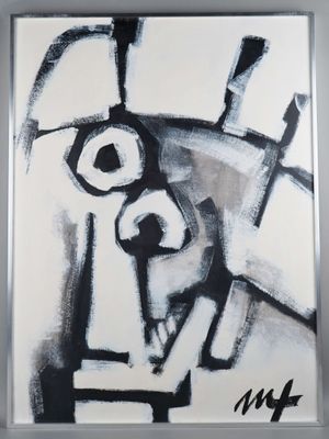 abstract black and white painting of a man holding a woman