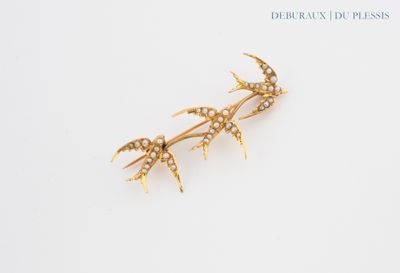a close up of a gold and diamond broochle on a white surface