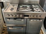 a stove that is sitting on a pallet in a warehouse
