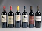 six bouteilles de vin rouge sont alignées