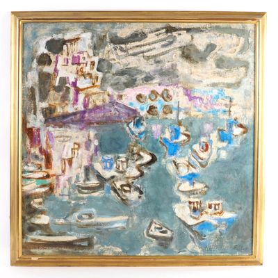 une peinture à l'huile représentant des bateaux dans un port avec des bâtiments à l'arrière-plan