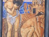 a painting of a woman and a man on the beach