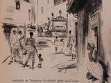 a drawing of a street scene with people and a horse drawn carriage