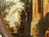 a painting of a man and a woman sitting on a ledge by a building