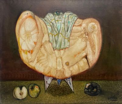 une peinture représentant un fruit posé sur une table