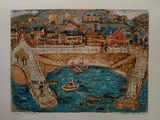a picture of a painting of a town by the water