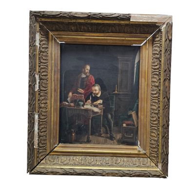an old painting of a man and a woman sitting at a table with a child