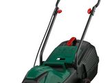 a green lawn mower on a white background with a red handle