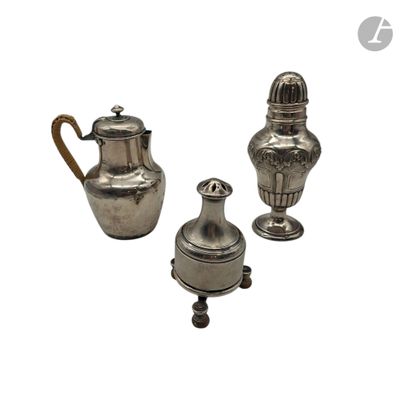 two silver vases and a teapot sitting next to each other