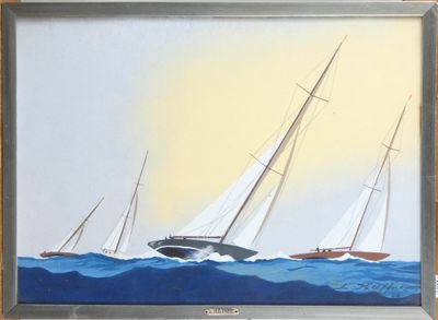 un tableau représentant trois voiliers naviguant sur l'océan