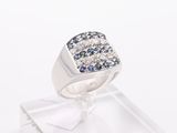 an image of a ring with blue and white diamonds on a clear stand