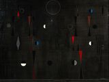 une peinture abstraite composée de formes noires, rouges et bleues sur fond noir