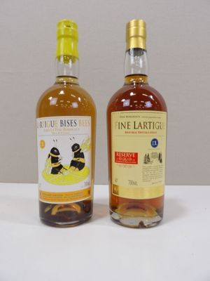 two bottles of wine sitting next to each other on a table