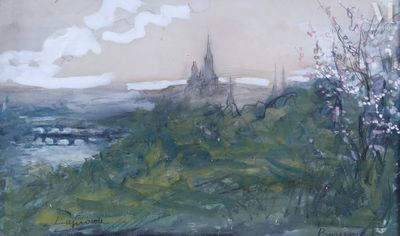 un tableau représentant une vue de la ville depuis une colline