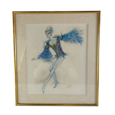 tableau représentant une femme en robe bleue ornée de plumes, dans un cadre doré