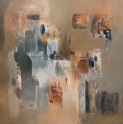 une peinture abstraite représentant un tableau sur lequel figurent de nombreux éléments divers