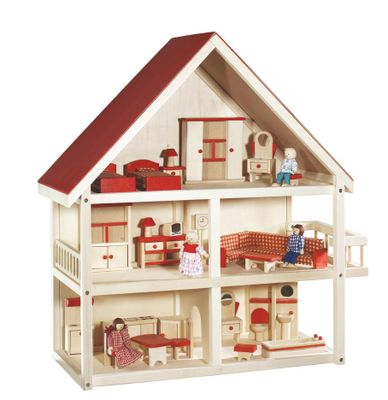 maison de poupées avec mobilier et accessoires sur fond blanc