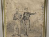 drawing of two men standing next to each other in front of a building