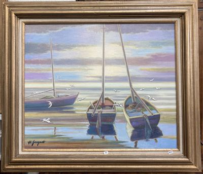 une peinture représentant deux bateaux sur l'eau