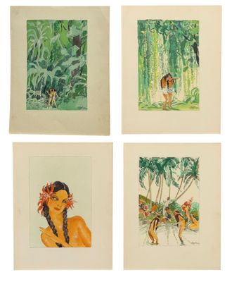 quatre aquarelles représentant une femme dans un décor de jungle