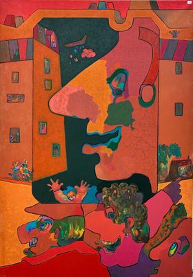 a painting of a man and a woman in a city