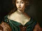 a painting of a woman in a green dress holding a fan